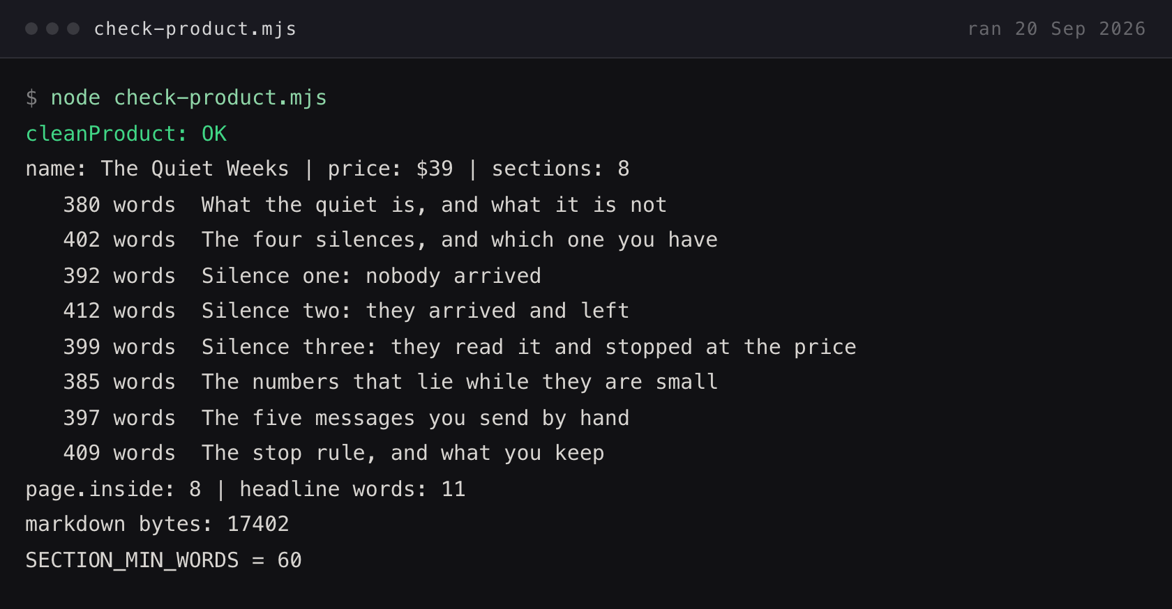 Terminal output reading cleanProduct OK, followed by eight section names with their word counts and the file size.