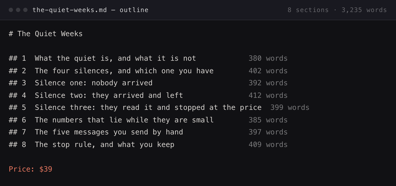 The eight section titles of The Quiet Weeks with a word count beside each, and the price of thirty-nine dollars underneath.