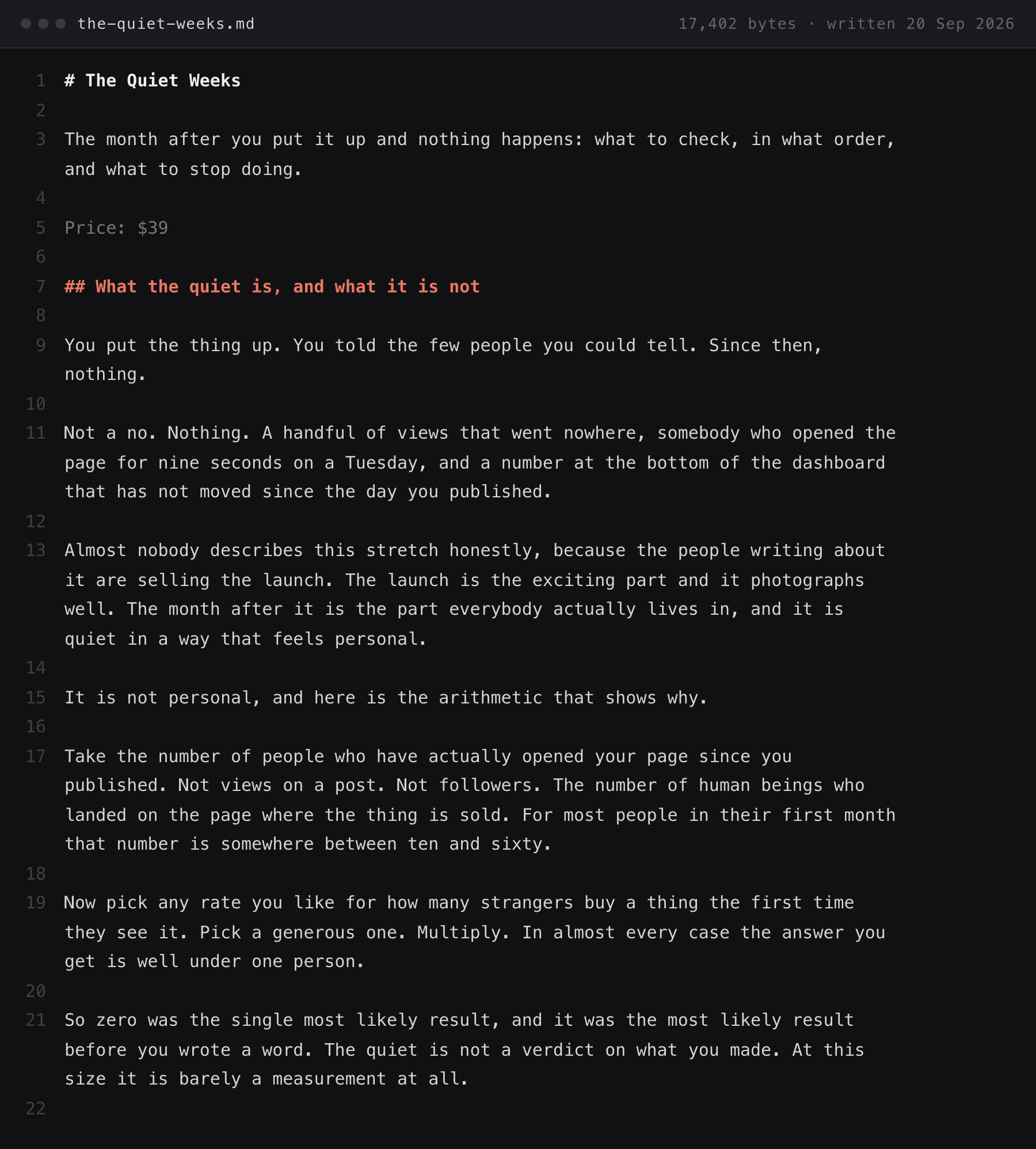 The first page of the-quiet-weeks.md open in an editor, with the three lines above visible at lines 3, 11 and 21.